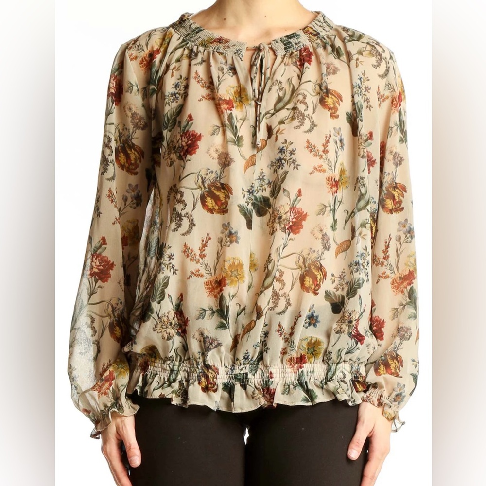 Zara Beige Floral Print Peasant Blouse | Size S